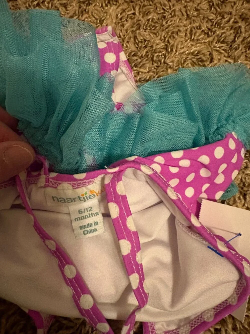 Naartjie Kids Swimsuit 6-12 Months Pink Polka Dots Blue Tulle Skirt Snap Closure